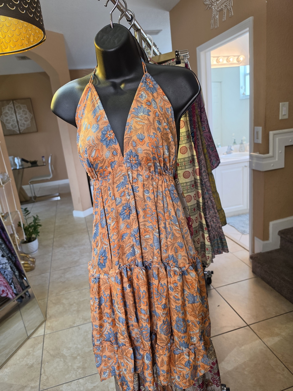 Floral Halter Tiered Sundress in Orange and Blue